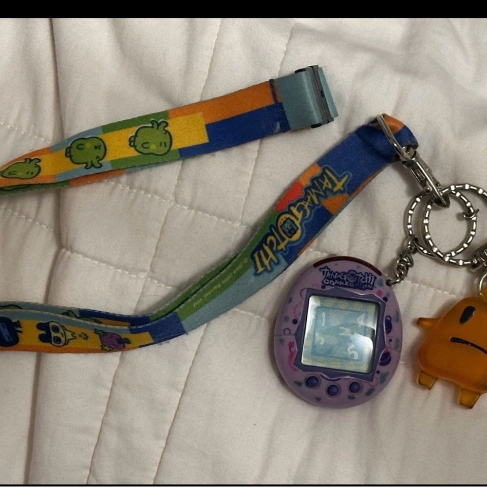 Tamagotchi connection. Comes with lanyard and little keychain.